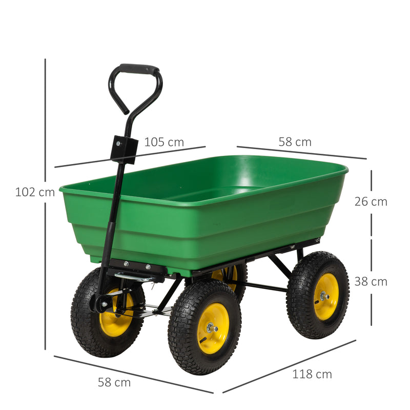 125 Litre Large Garden Cart Heavy Duty 4 Wheel Trolley Dump Wheelbarrow Tipping Truck Trailer - Green