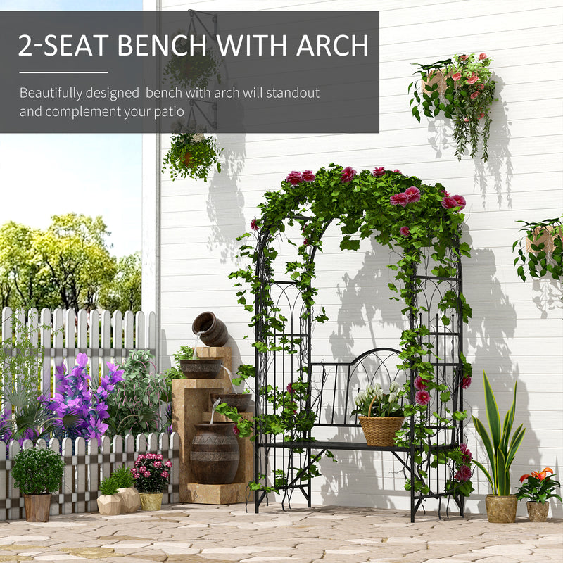 Garden Metal Arch Bench Outdoor Patio Rose Trellis Arbour Pergola for Climbing Plant Antique Style 2-Seater Chair, Black