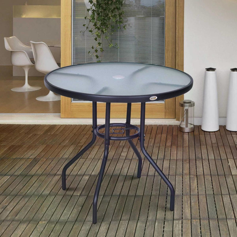 Outdoor Round Dining Table Tempered Glass Top Steel Garden Table w/ Parasol Hole 80cm