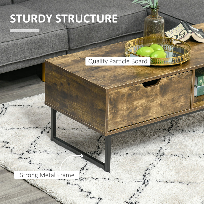 Industrial Coffee table Wooden End Table with Shortage Shelf and Drawer Modern Sofa Table Metal Frame, Rustic Brown 106W x 48D x 43H cm
