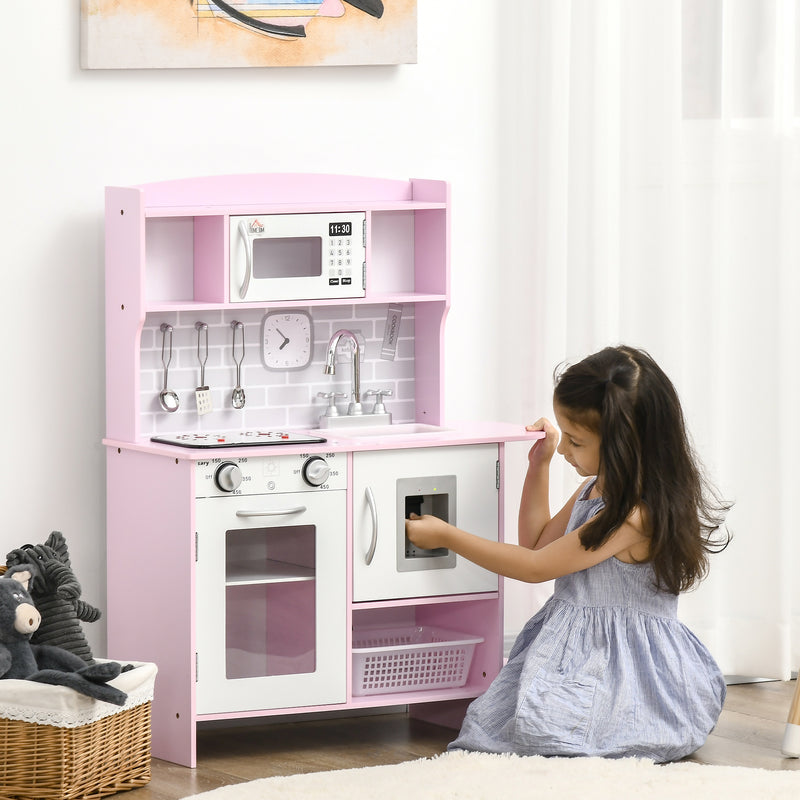 Wooden Play Kitchen with Lights Sounds, Kids Kitchen Playset with Water Dispenser, Microwave, Utensils, Sink, Gift for 3-6 Years Old, Pink