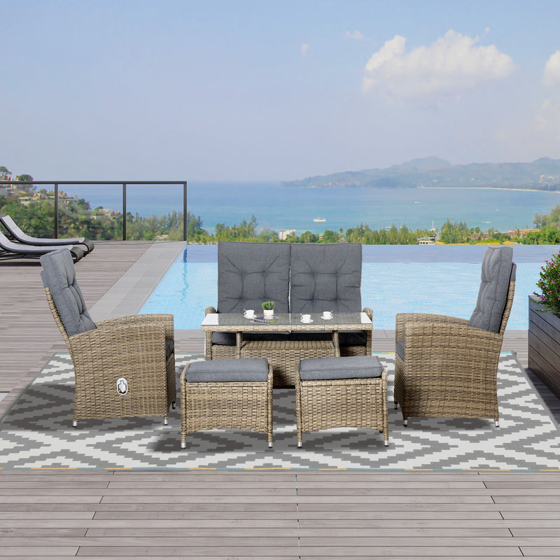 6 Pieces PE Rattan Dining Set, Patio Wicker Conversation Furniture, Tempered Glass Table-top Dining Table w/ Storage Layer, Mixed Grey