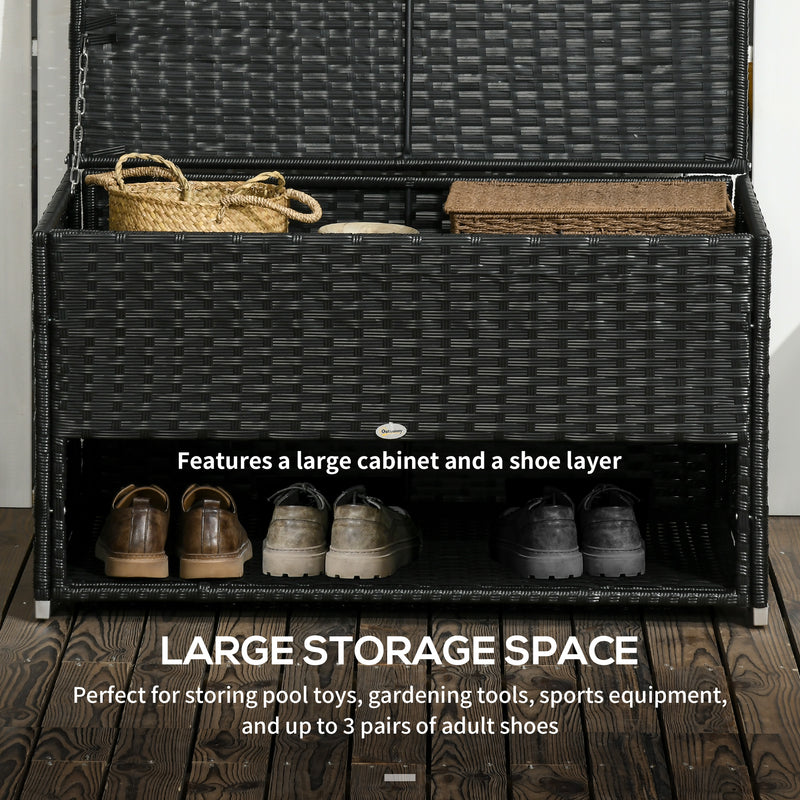 Rattan Garden Storage Box, Outdoor PE Wicker Deck Doxes w/ Shoe Layer for Indoor, Outdoor, Spa, Black