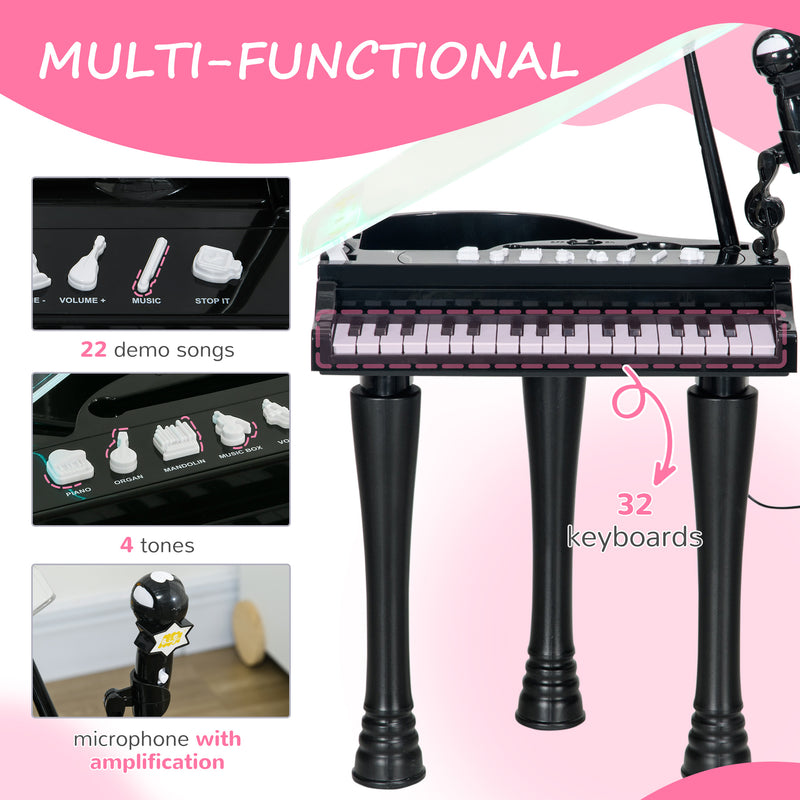 32-Key Kids Piano Keyboard, with Stool, Lights, Microphone, Sounds, Removable Legs - Black