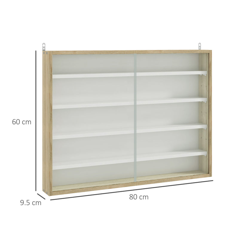 5-Tier Wall Display Shelf Unit Cabinet w/ 4 Adjustable Shelves Glass Doors Home Office Ornaments 60x80cm Natural