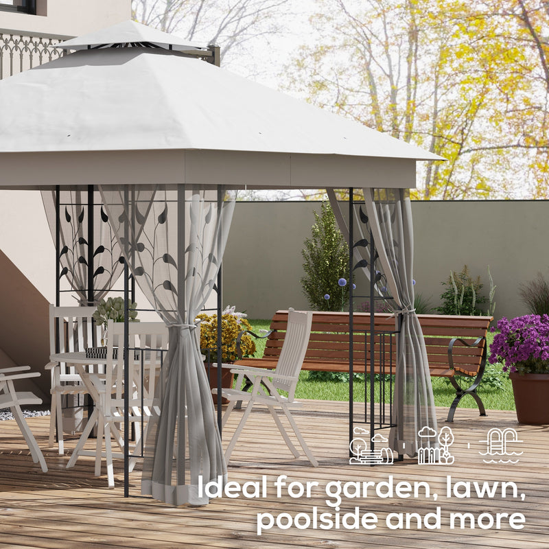3(m) x 3(m) Double Roof Outdoor Garden Gazebo Canopy Shelter with Netting, Solid Steel Frame, Light Grey