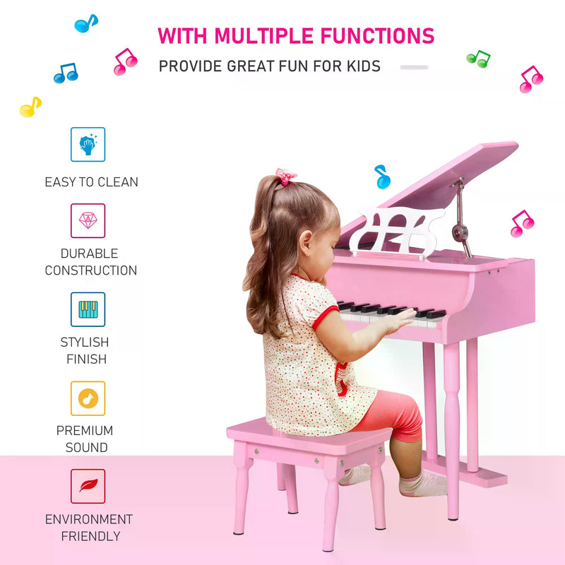 Modern Kids Piano 30 Keys Set of 2 Mini Toy for Child Grand Piano with Music Stand and Bench, Best Gifts Pink