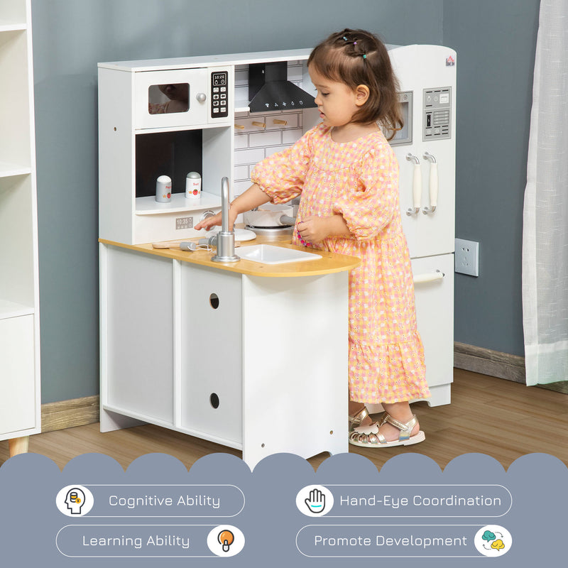 Kids Wooden Kitchen, Large Pretend Role Play Kitchen w/ Realistic Refrigerator, Microwave, Oven, Range Hood, Sink, Telephone