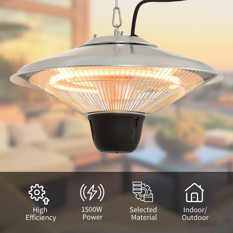 1500W Patio Heater Outdoor Ceiling Mounted Aluminium Halogen Electric Hanging Heating Light Pull Switch Control