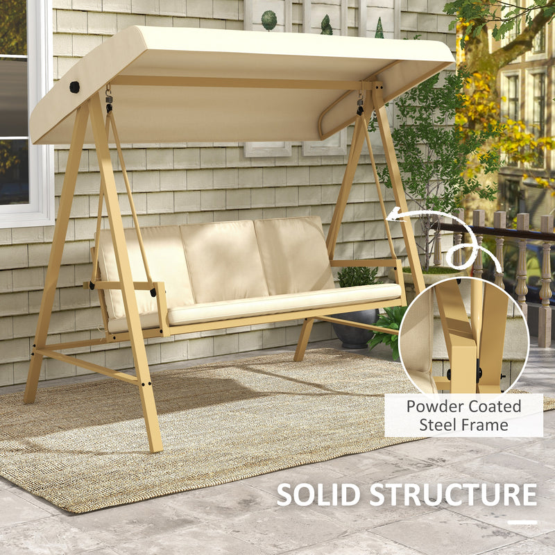 3 Seater Garden Swing Chair, Outdoor Hammock Bench with Adjustable Canopy, Removable Cushions and Steel Frame, Beige
