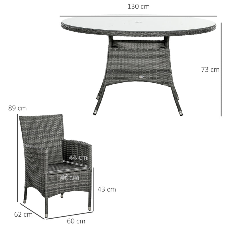 7 Pieces PE Rattan Outdoor Dining Set with Cushions, Garden Furniture Set with Six Armchairs, Patio Conservatory with Tempered Glass Tabletop with Umbrella Hole, Mixed Grey