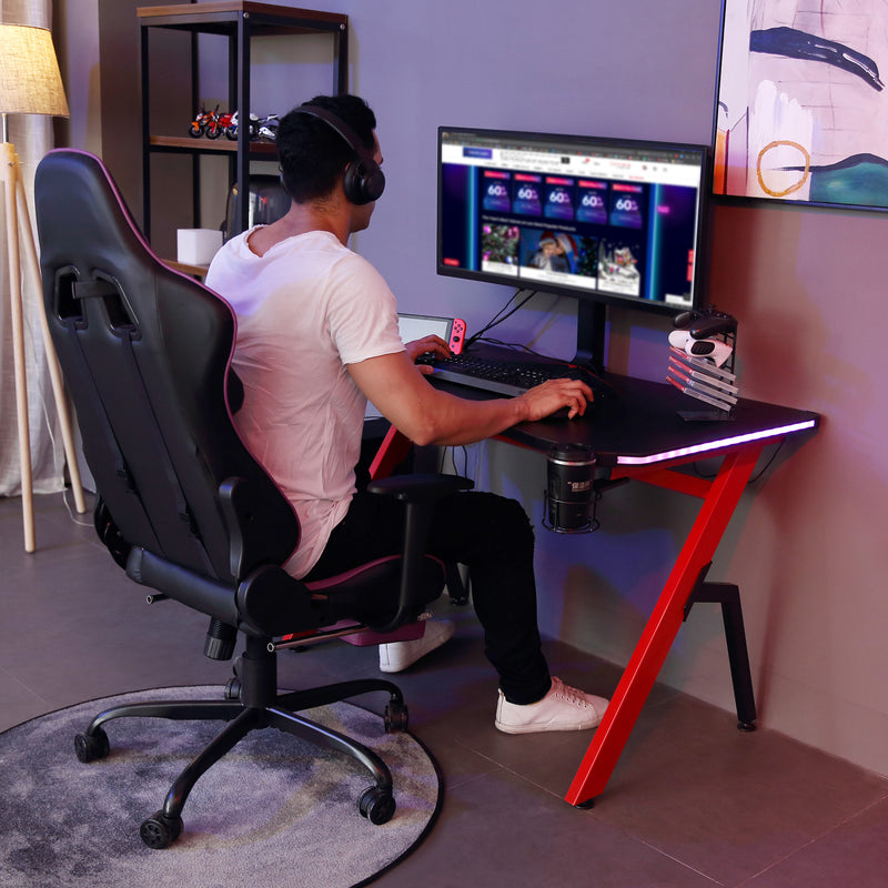 Gaming Desk Racing Style Home Office Ergonomic Computer Table Workstation with RGB LED Lights, Hook, Cup Holder, Controller Rack Black Red