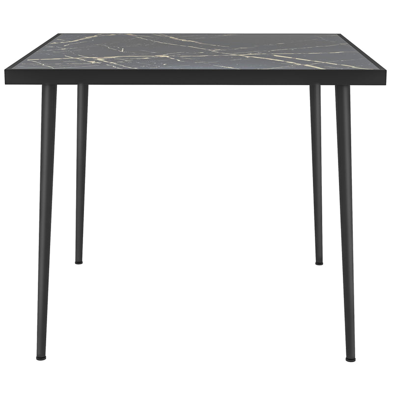 Square Garden Table, Outdoor Dining Table for 4 with Marble Effect Tempered Glass Top and Steel Frame for Patio, Black