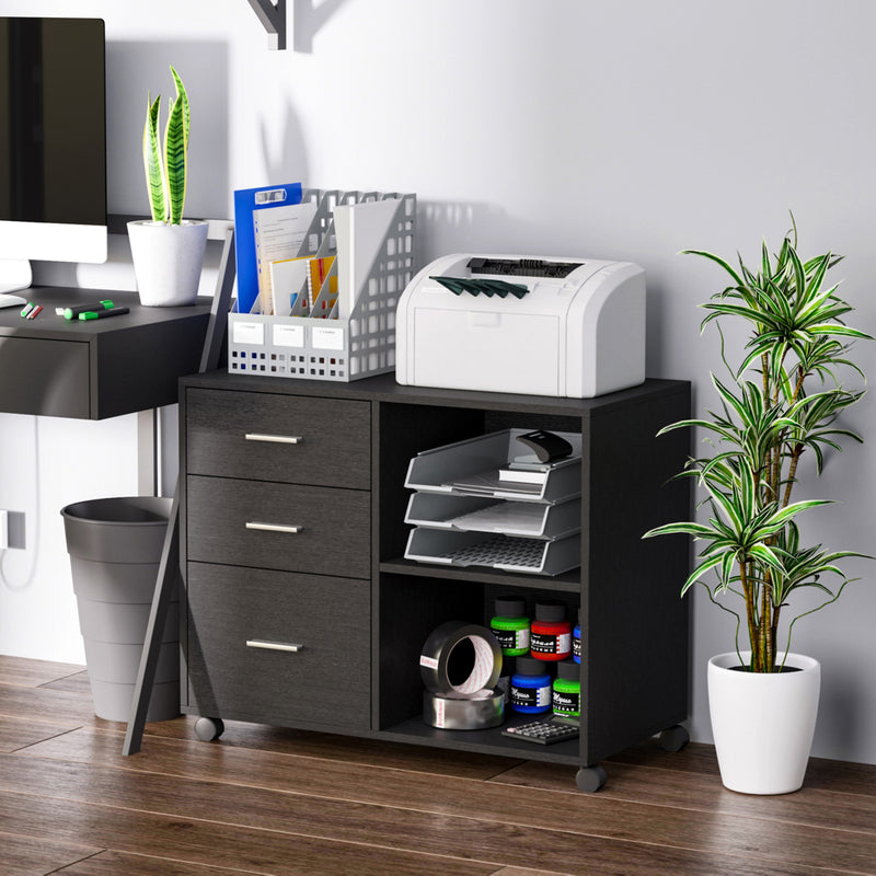 Freestanding Printer Stand Unit Office Desk Side Mobile Storage w/ Wheels 3 Drawers, 2 Open Shelves Modern Style 80L x 40W x 65H cm - Black