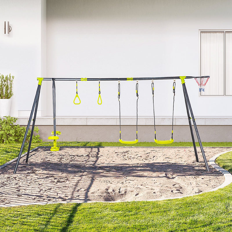 Kids Swing Set for Backyard, Outdoor Play Equipment, w/ Adjustable Swing Seats, Seesaw, Basket Hoop, A-Frame Metal Stand for Ages 3-10 Years