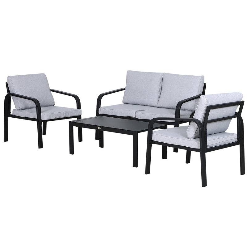 4 Pcs Aluminium Frame Garden Dining Set w/ 2 Chairs Sofa Glass Top Table Foam Cushions Sleek Contemporary Tough Durable Grey Black