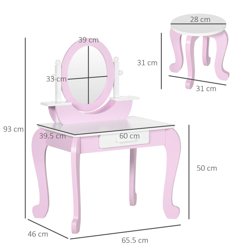 Kids Dressing Table Set Kids Vanity Set Girl Makeup Desk with Mirror Stool Drawer Round Legs for 3-6 Years Old, Pink