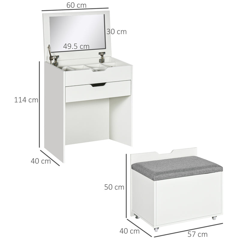 Dressing Table with Flip-up Mirror and Storage Stool, Vanity Table with Drawer and Hidden Compartments for Bedroom, Living Room, White