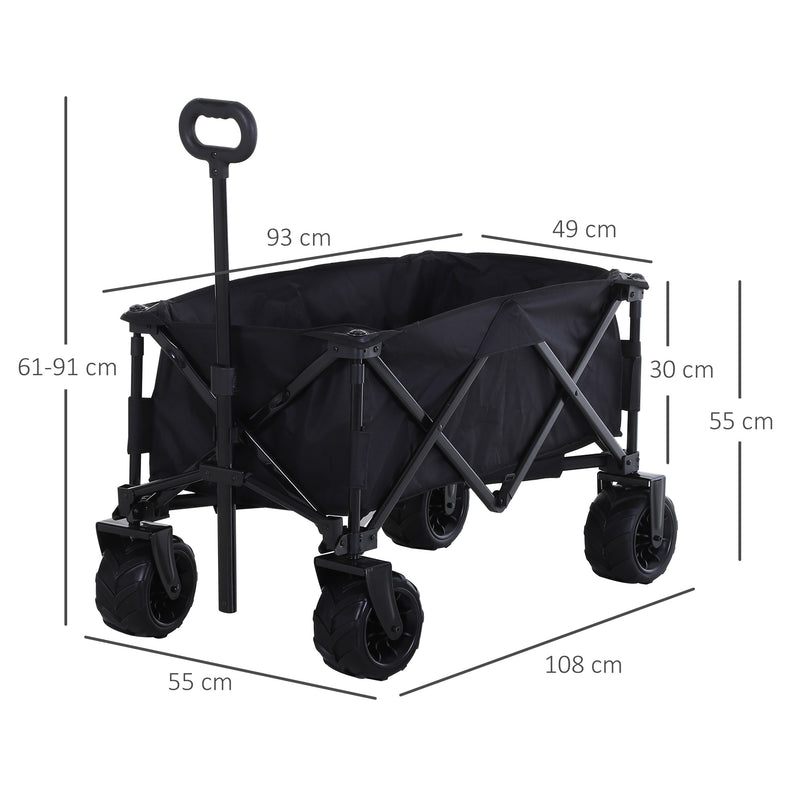Outdoor Folding Garden Trolley on Wheels, Capming Cargo Wagon Cart Trailer w/ Handle, Wheels for Beach Garden, Black