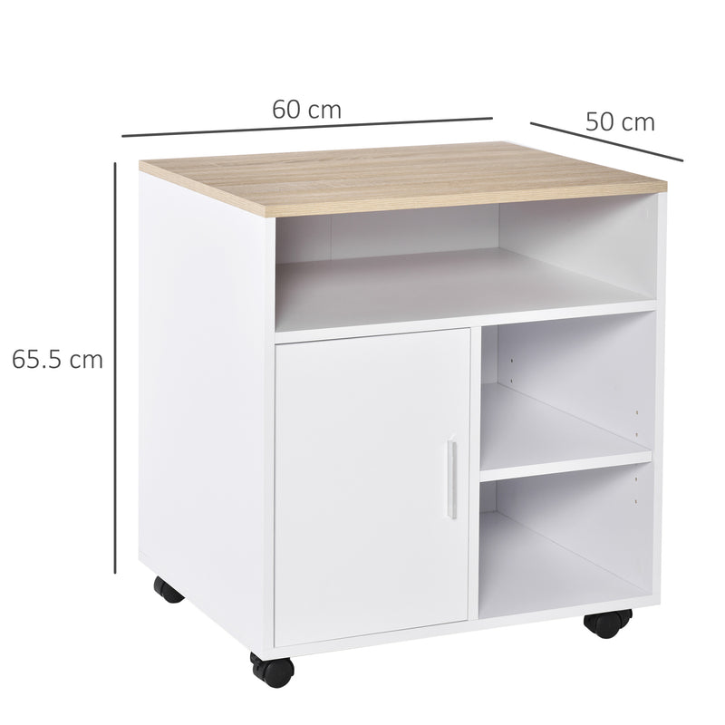 Multi-Storage Printer Stand Unit Office Desk Side Mobile Storage w/ Wheels Modern Style 60L x 50W x 65.5H cm - Oak