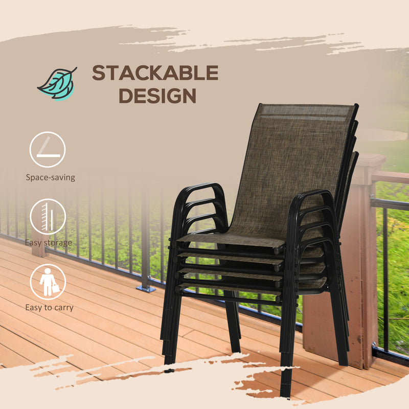 4 Piece Stackable Outdoor Garden Dining Chairs with High Backrest and Armrest, Breathable Mesh Fabric, Mixed Brown