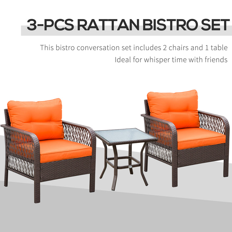 3 Pieces Patio PE Rattan Bistro Set, Outdoor Wicker Coffee Table Armrest Chairs Thick Padded Conversation Furniture for Garden Orange