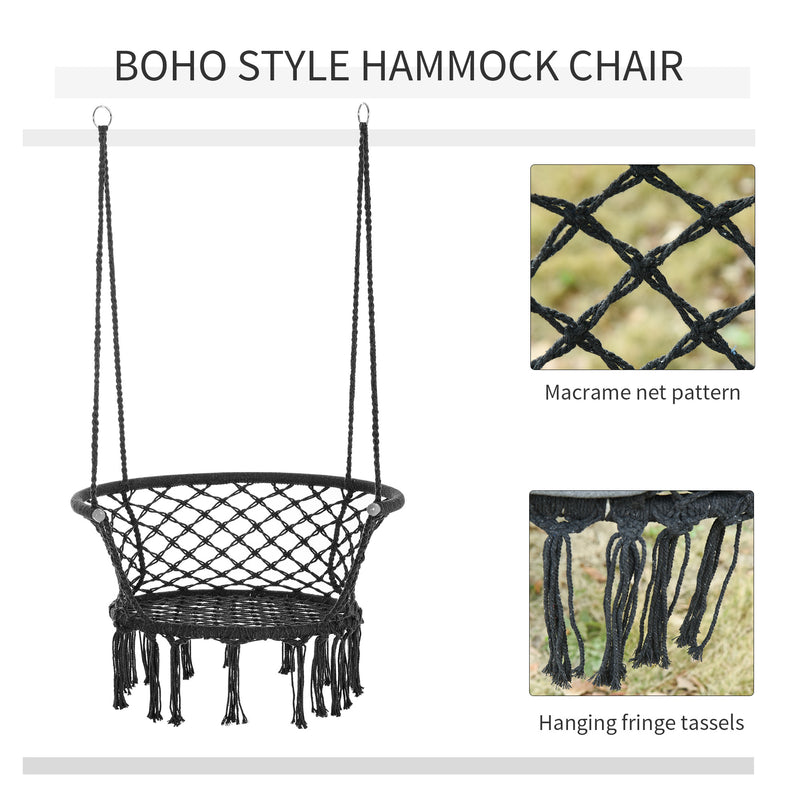 Hanging Hammock Chair Cotton Rope Porch Swing with Metal Frame and Cushion, Large Macrame Seat for Patio, Bedroom, Living Room, Dark Grey