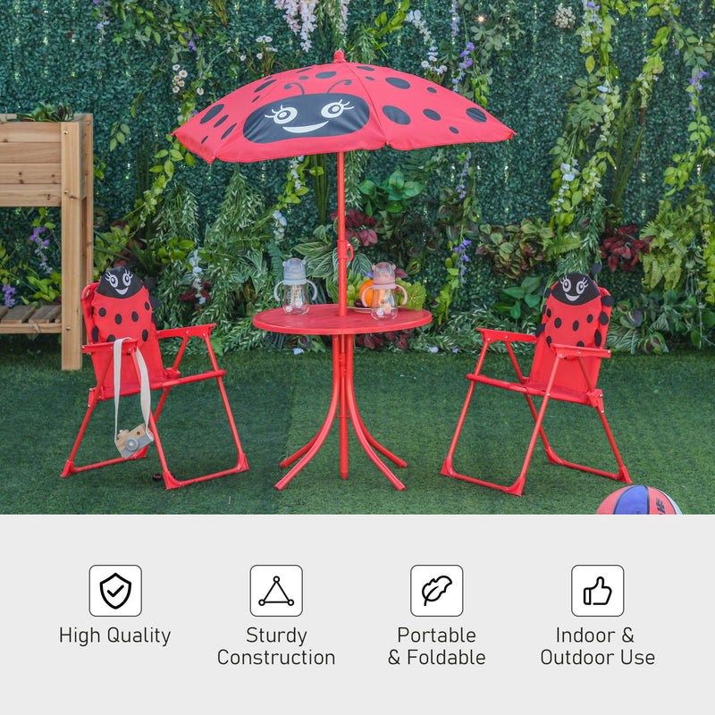 Kids Folding Picnic Table and Chairs Set Ladybug Pattern Outdoor w/ Parasol