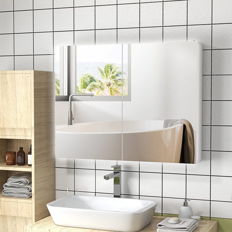 Bathroom Mirror Cabinet with Light, Bathroom Storage Cupboard with Adjustable Shelf, USB Charge, 90x15x70cm, White