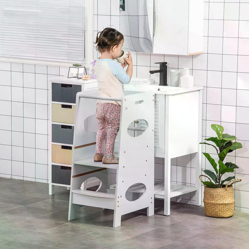 Toddler Step Stool Kids Adjustable Standing Tower with Safety Rail for Kitchen Counter Grey