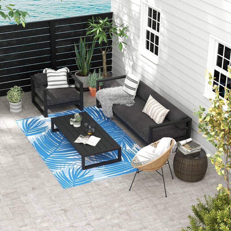 Plastic Straw Reversible RV Outdoor Rug with Carry Bag, 182 x 274cm, Blue and Cream