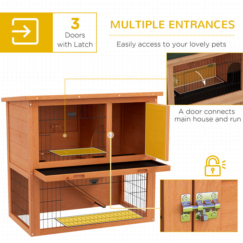 Two-Tier Antiseptic Wood Rabbit Hutch, 80cm Guinea Pig Hutch with Run - Orange