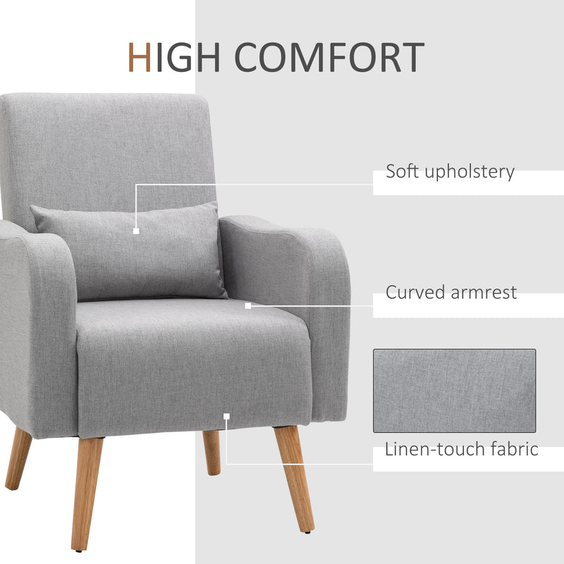 Accent Chair, Linen-Touch Armchair, Upholstered Leisure Lounge Sofa, Club Chair with Wooden Frame, Grey