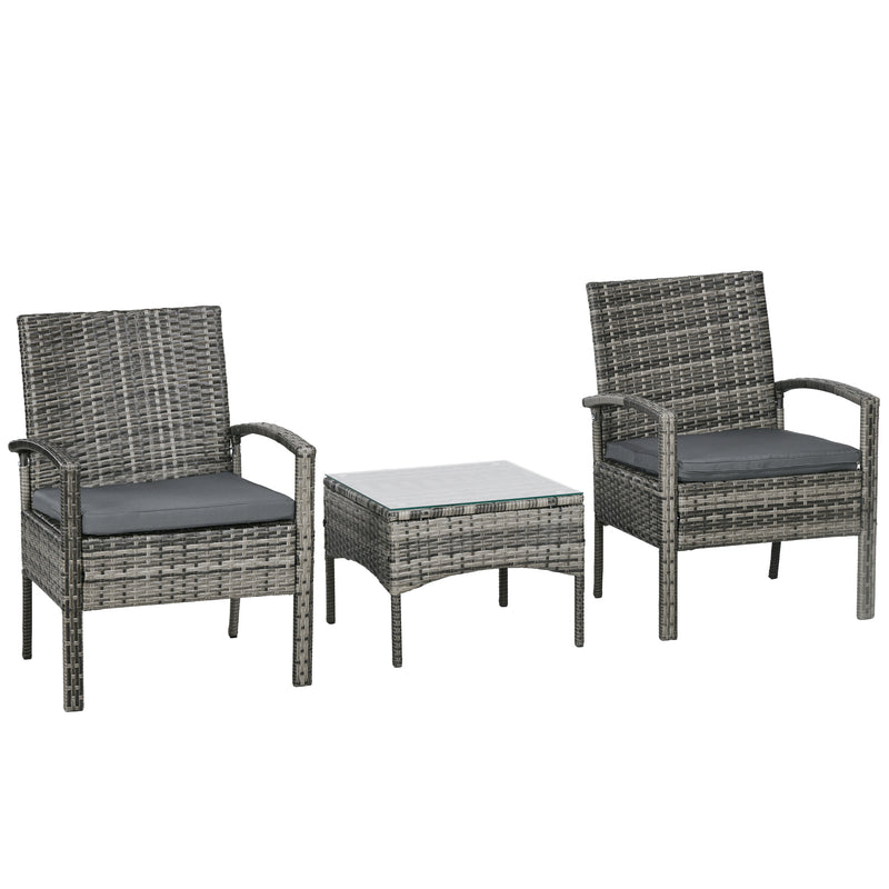 3 Pieces Outdoor Rattan Bistro Set, Patio Wicker Balcony Furniture, Conservatory Sets w/ Coffee Table and Cushioned Chair, Mixed Grey