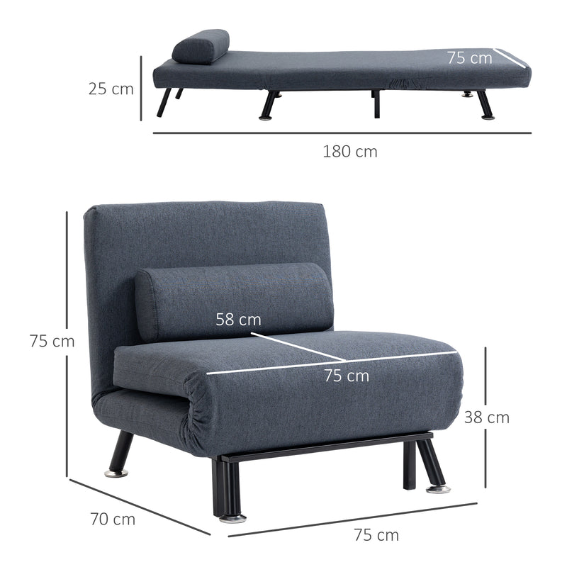 Single Sofa Bed Sleeper, Foldable Portable Pillow Lounge Couch Living Room Furniture, Dark Grey