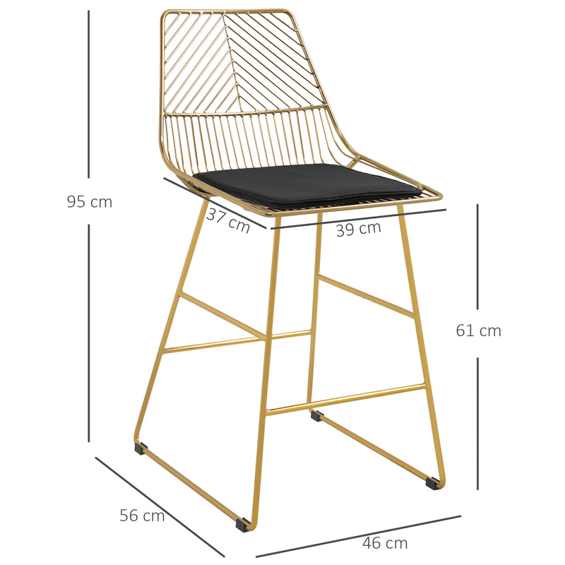 Set of 2 Bar stools Modern Counter Height Wire Metal Bar chairs for Kitchen, Bar Counter, Gold
