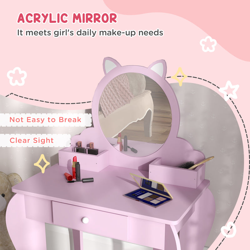 Kids Vanity Table with Mirror and Stool, Cat Design, Drawer, Storage Boxes, for 3-6 Years Old - Pink