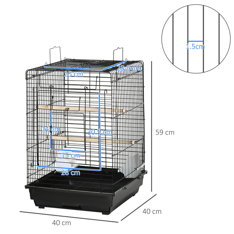 Steel Bird Cage with Openable Top, Stand, Tray, Handles, Feeding Bowls for Parakeet, Finch, Black