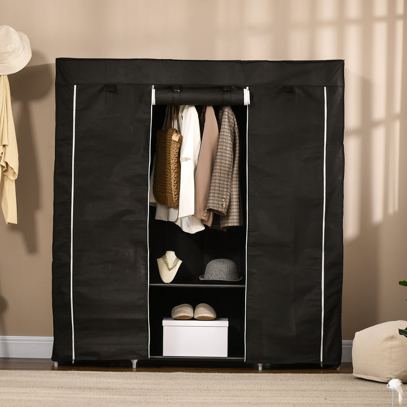 Fabric Wardrobe, Portable Wardrobe with 10 Shelves, 1 Hanging Rail, Foldable Closets, 150 x 43 x 162.5 cm, Black