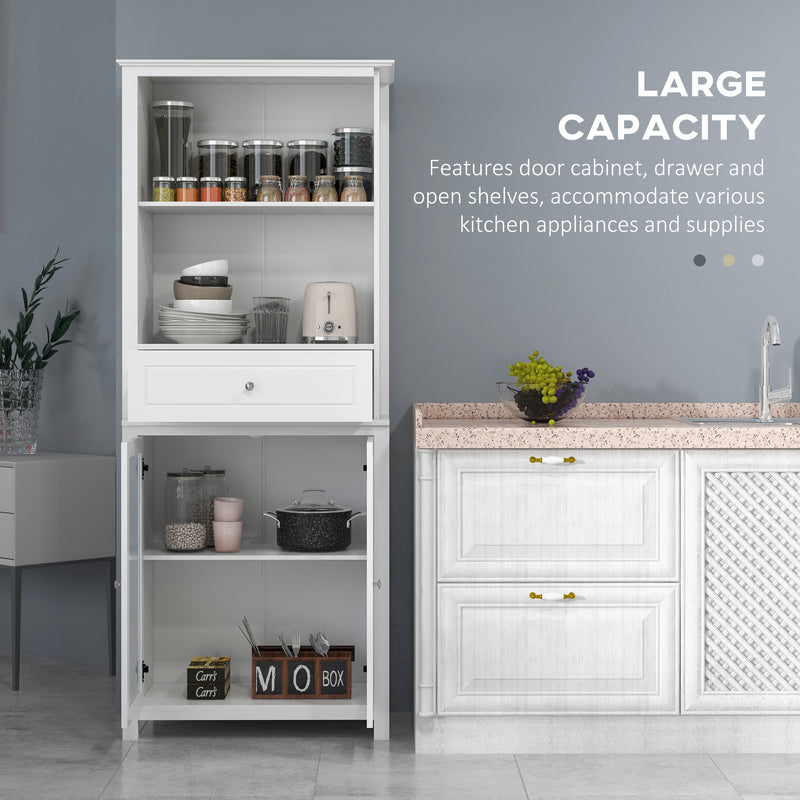 Kitchen Cupboard, Pantry Storage Cabinet w/ Tempered Glass Doors, Drawer, Open Shelf, Adjustable Shelves, 181.5 cm, White