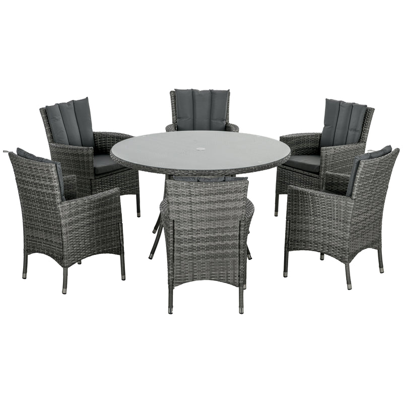 7 Pieces PE Rattan Outdoor Dining Set with Cushions, Garden Furniture Set with Six Armchairs, Patio Conservatory with Tempered Glass Tabletop with Umbrella Hole, Mixed Grey