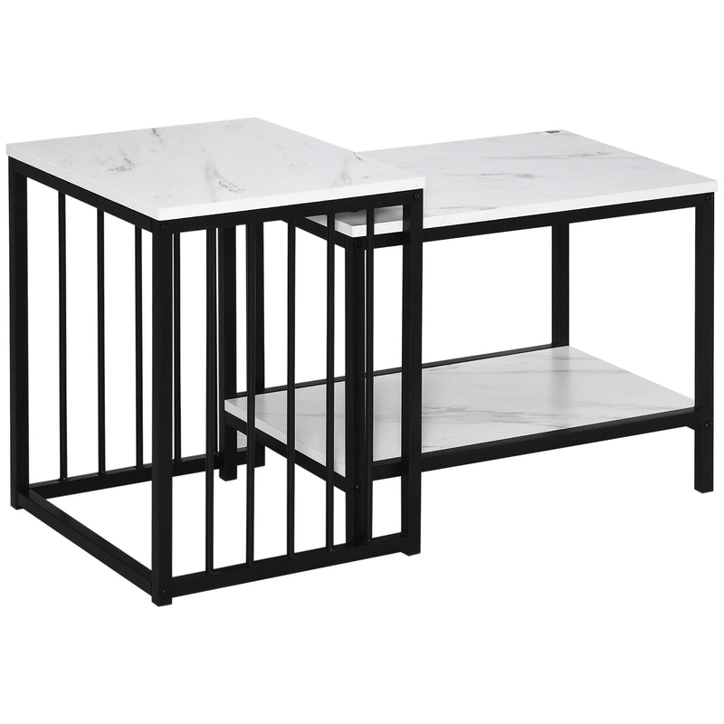 Modern Coffee Table Set of Two, Marble-Effect Nest of Tables with Steel Frame for Living Room, White and Black