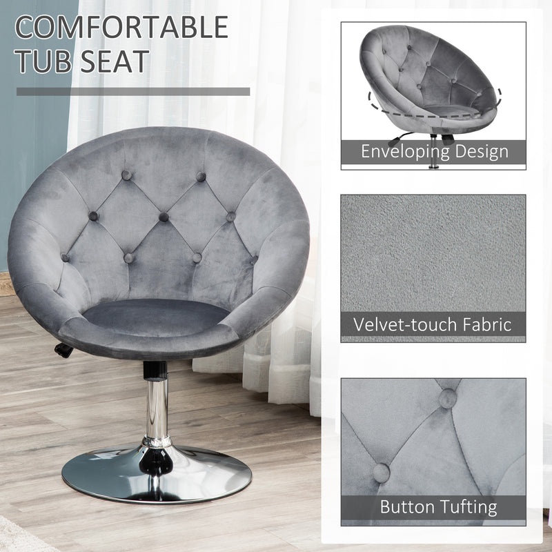 Modern Dining Height Bar Stool Velvet-Touch Tufted Fabric Adjustable Height Armless Tub Chair with Swivel Seat, Grey