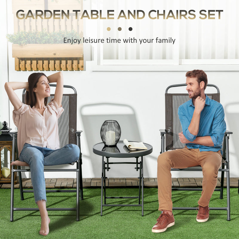 3 Pcs Garden Table and Chairs, Outdoor Bistro Set, Patio Conversation Furniture Set w/ Foldable Armchairs & Glass Top Coffee Table, Brown