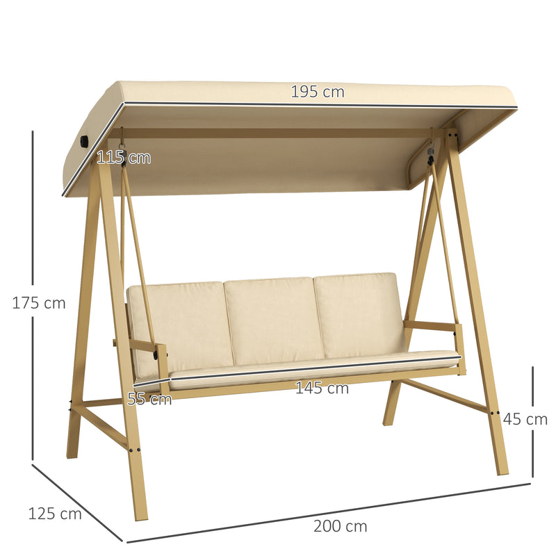 3 Seater Garden Swing Chair, Outdoor Hammock Bench with Adjustable Canopy, Removable Cushions and Steel Frame, Beige