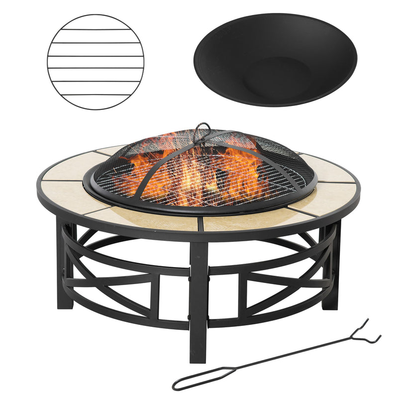 Metal Large Fire Pit, Outdoor Firepit Bowl with Grill, Spark Screen Cover, Fire Poker for Garden, Bonfire, Patio, 84 x 84 x 52cm, Black