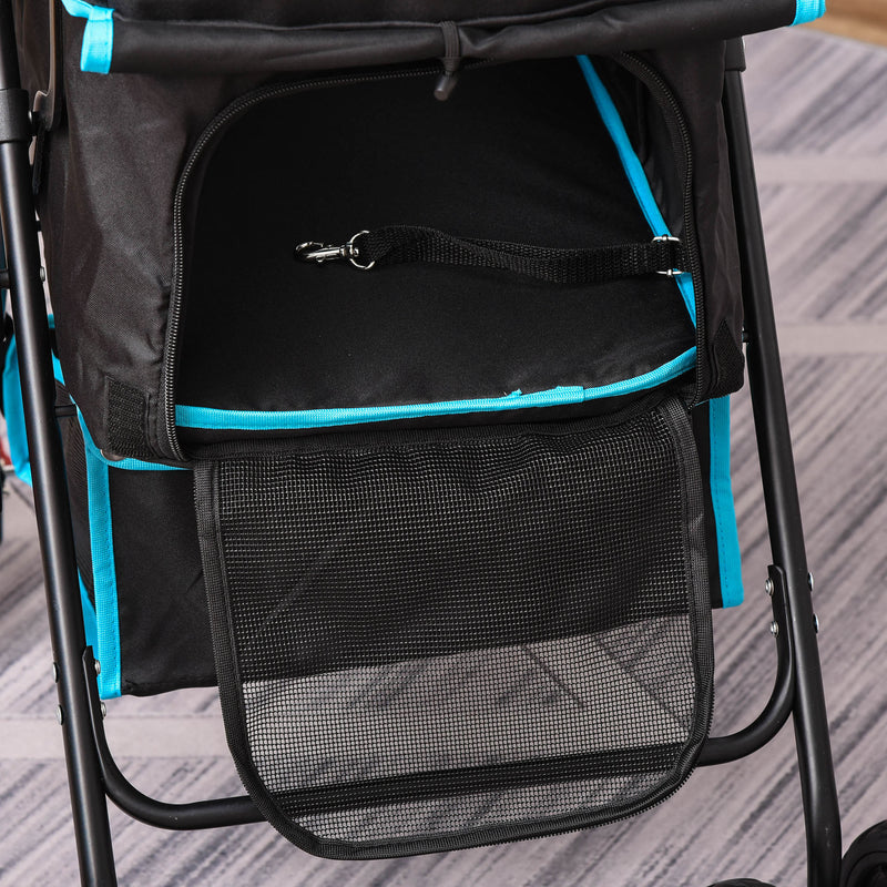 Pet Stroller Pushchair Travel One-Click Fold Trolley with EVA Wheels Brake Removable Cloth Basket Bottle Holder Adjustable Canopy Safety Leash