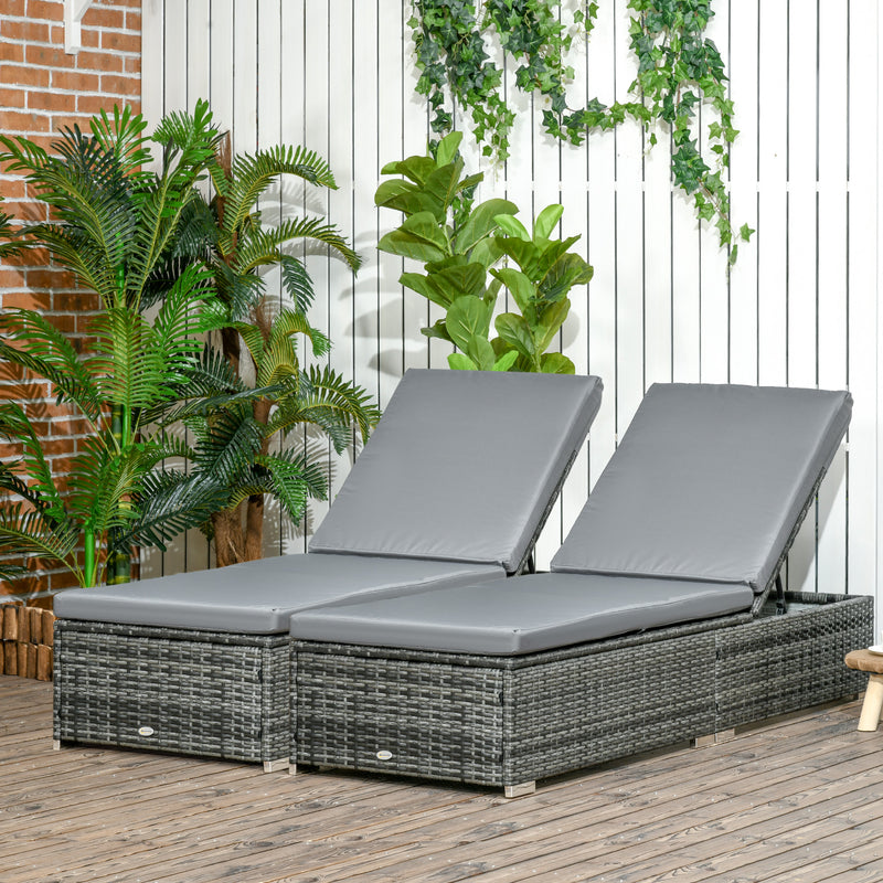 PE Rattan Sun Loungers set of 2 w/ Cushion, 2 Pcs Garden Sunbed Furniture w/ 5-Level Backrest, Reclining Patio Wicker Bed Chair, Grey