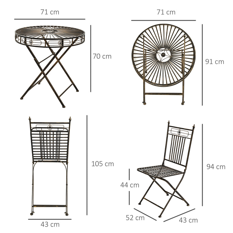 3 Piece Garden Outdoor Bistro Set with 2 Folding Chairs and 1 Folding Round Table, Metal Frame for Lawn, Backyard and Porch, Bronze