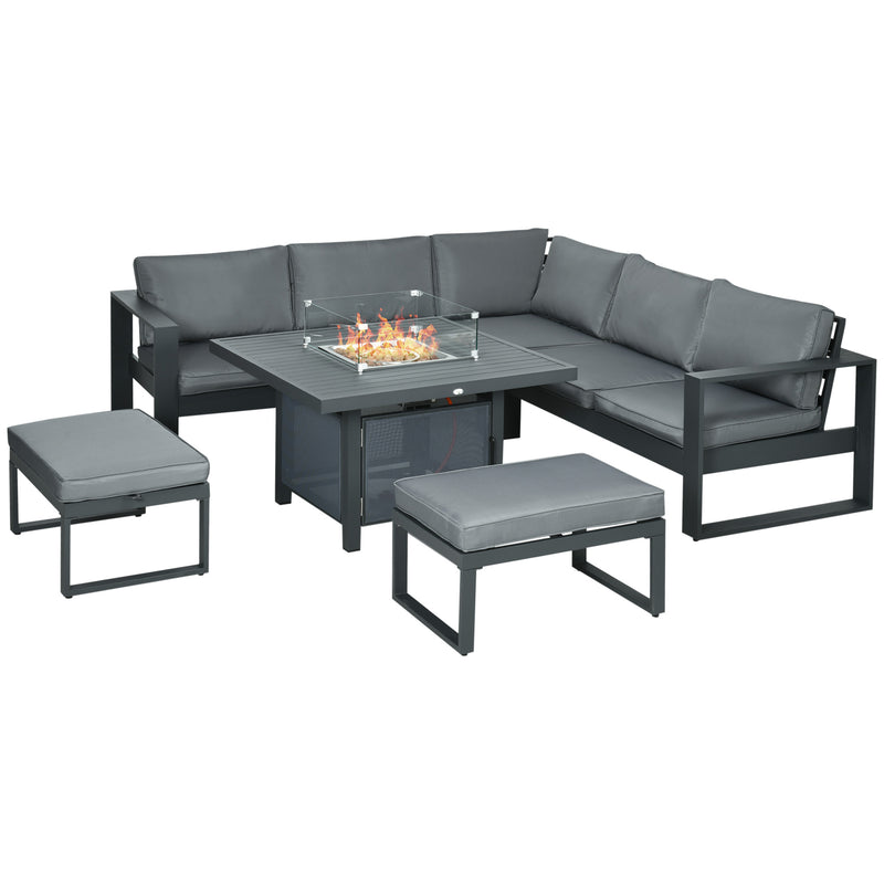 6-Piece Aluminium Garden Furniture Set, Outdoor Conversational Corner Sofa Loveseat Footstool Sectional w/Gas Fire Pit Table for Yard Grey
